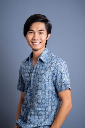 Portrait of an Asian young man wearing shirt, smiling generated by AI