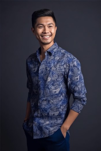 Portrait of an Asian young man wearing shirt, smiling generated by AI