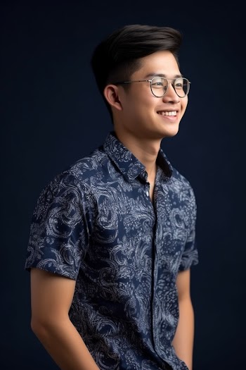 Portrait of an Asian young man wearing shirt, smiling generated by AI