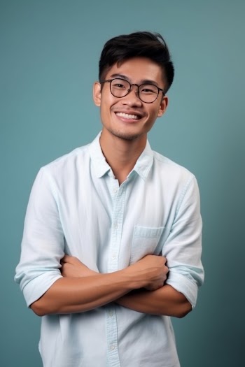 Portrait of an Asian young man wearing shirt, smiling generated by AI