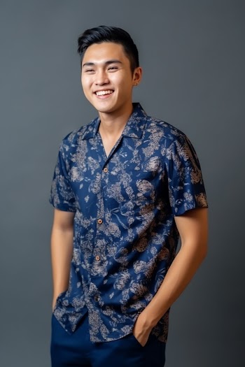 Portrait of an Asian young man wearing shirt, smiling generated by AI