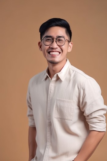Portrait of an Asian young man wearing shirt, smiling generated by AI