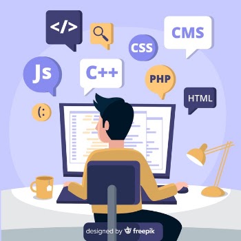 Portrait of programmer working with pc Free Vector
