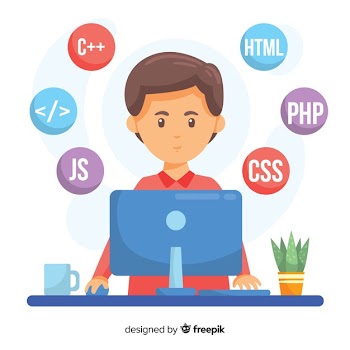 Portrait of programmer working with pc Free Vector