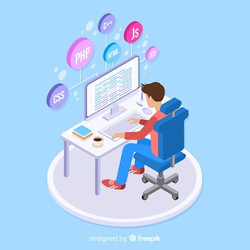 Portrait of programmer working with pc Free Vector