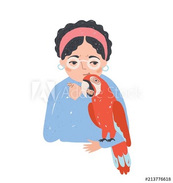 Portrait of woman in glasses holding her macaw parrot and feeding it