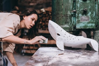 Portrait of young woman carefully work on a ceramic whale in workshop.