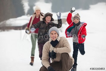 Portrait playful family enjoying snowball fight in snowy field