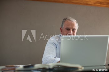 Portrait senior man working at laptop