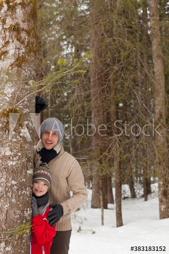 Portrait smiling father and son hiding behind tree in snowy woods