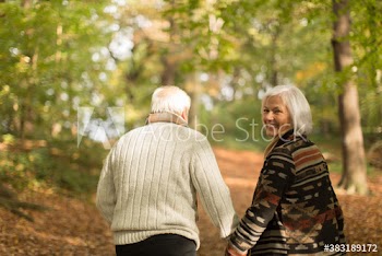 Portrait smiling senior couple holding hands and walking in autumn park