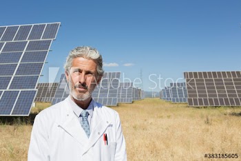 Portrait thoughtful scientist on sunny solar farm