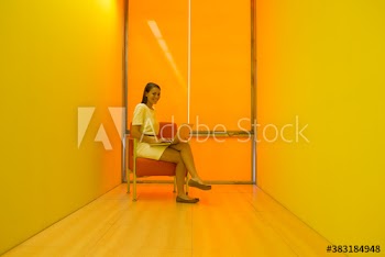 Portrait young businesswoman using laptop in modern yellow office