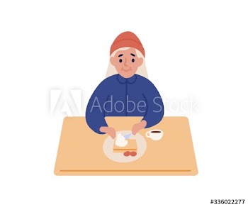 Positive cartoon girl eat dessert and drink coffee sitting at table isolated on white