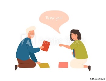 Positive cartoon old man help smiling female to collect fallen books vector flat illustration