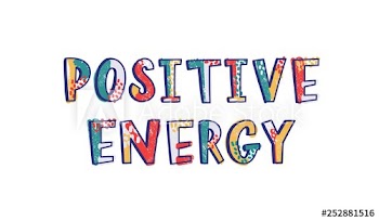 Positive Energy phrase handwritten with cool creative font decorated by bright colorful dots