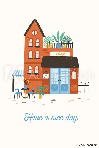 Postcard template with facade of cute store, shop or boutique