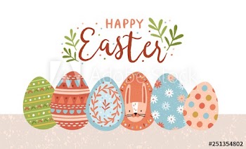 Postcard template with Happy Easter lettering handwritten with calligraphic script and colorful decorated eggs on white background