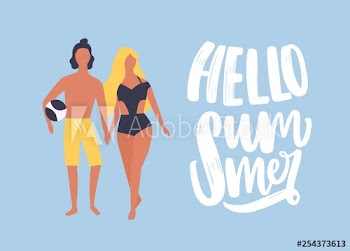 Postcard template with man and woman dressed in beachwear holding hands and walking together and Hello Summer phrase handwritten with cursive calligraphic font