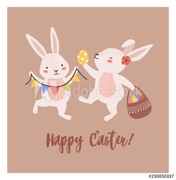 Postcard template with pair of lovely bunnies or rabbits holding basket with decorated eggs and flag garland and Happy Easter wish handwritten with cursive font