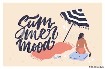 Postcard template with woman sitting on beach and sunbathing and Summer Mood slogan handwritten with cursive calligraphic font