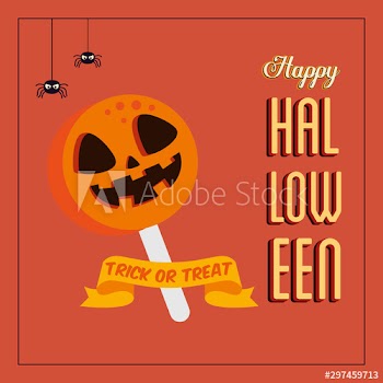 poster of happy halloween with candy and spiders design