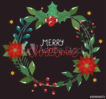 poster of merry christmas with flowers and leafs design