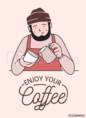 Poster or card template with cute smiling barista making coffee and Enjoy Your Coffee wish