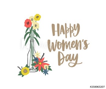 Poster or postcard template with bouquet of gorgeous spring flowers in vase and Happy Women's Day wish written with cursive font