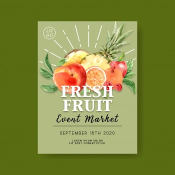 Poster with tropical fruits, green background illustration template Free Vector