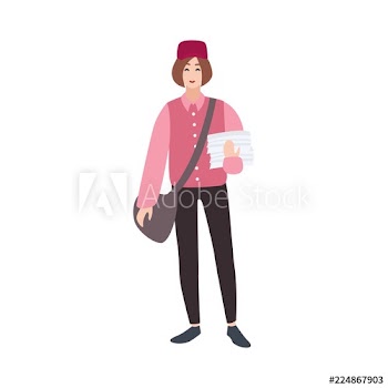 Postman, mailman, post or mail carrier, postal worker, messenger with bag and newspapers