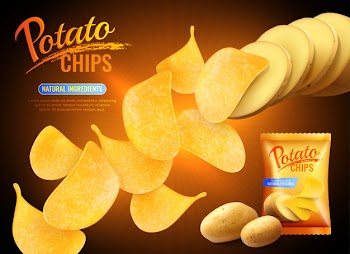 Potato chips advertising composition with realistic images of crisps natural potatoes and pack shot Free Vector