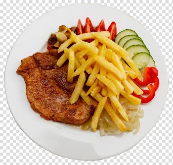 Potato fries and grilled meat, French fries Steak frites Steak sandwich Roast beef, Steak and vegetables transparent background PNG clipart