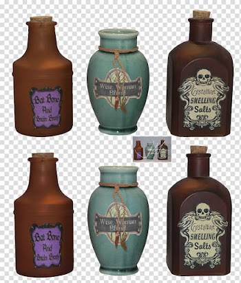 Potion Bottles, six assorted bottles transparent background PNG clipart