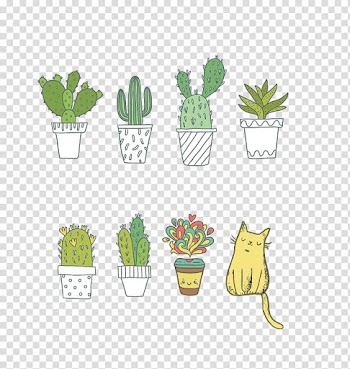 Potted cacti and yellow cat illustration, T-shirt Cactaceae Succulent plant, cactus transparent background PNG clipart