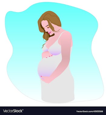 pregnant woman in a white dress on a blue