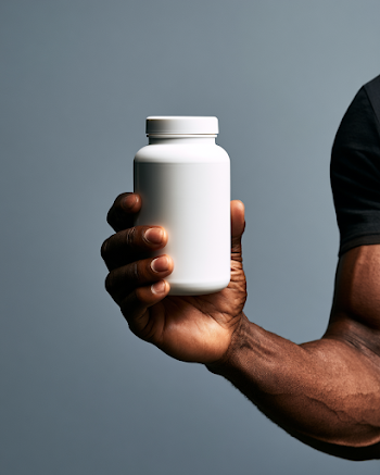 Premium Supplement Bottle Held by Confident Mature Man