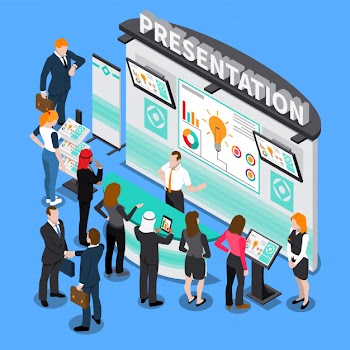 Presentation during exhibition isometric composition Free Vector
