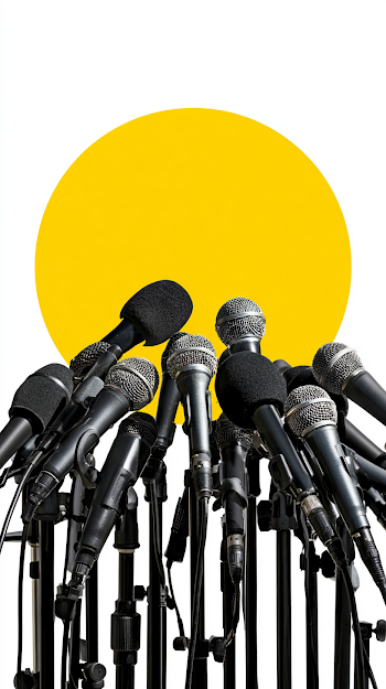 Press Conference Microphones with Yellow Spotlight