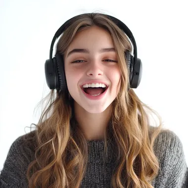 Pretty 18-Year-Old Girl in Headphones Laughing Against White Background Pretty 18-Year-Old Girl in Headphones Laughing Against White Background