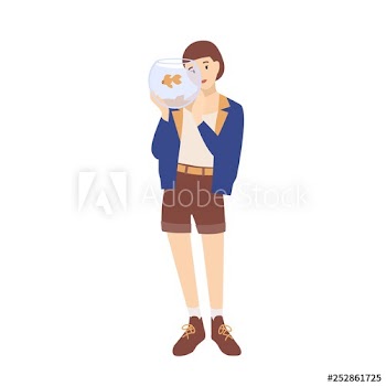 Pretty happy young woman or girl holding aquarium with her fish
