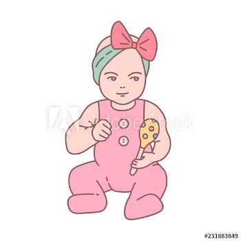 Pretty newborn baby girl dressed in romper suit sitting and holding rattle