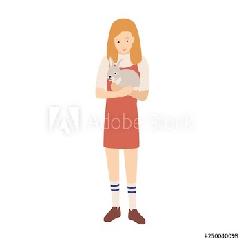 Pretty young woman or girl holding her bunny, rabbit or leveret
