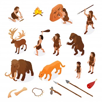 Primitive people life isometric set with hunting weapons starting fire rock painting dinosaur mammoth isolated illustration Free Vector