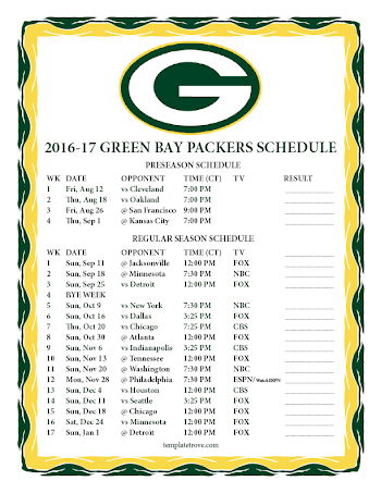 Printable 2016-2017 Green Bay Packers Schedule