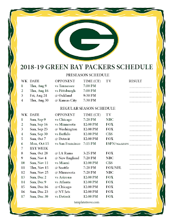 Printable 2018-2019 Green Bay Packers Schedule