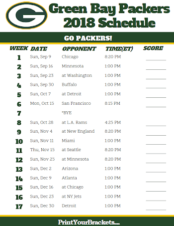 Printable 2018 Green Bay Packers Football Schedule | Printable NFL ...