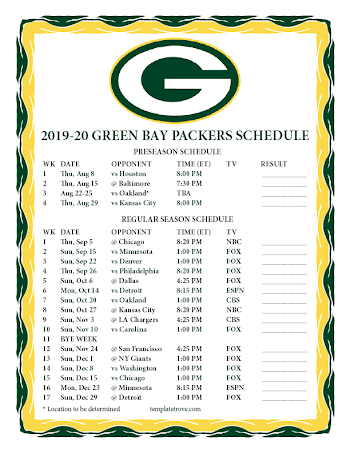 Printable 2019-2020 Green Bay Packers Schedule