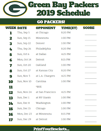 Printable Green Bay Packers Schedule - 2019 Season | Printable NFL ...