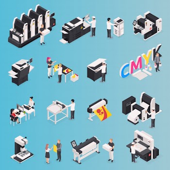 Printing house icons set with polygraphy symbols isometric isolated Free Vector